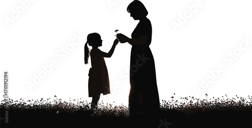 Silhouette of mother and daughter exchanging flower in a field, heartwarming family moment, nature background, love and bonding, vector illustration artwork