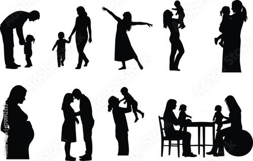 Silhouettes of parents with children in various activities, family moments, pregnancy, parenting, motherhood, fatherhood, love, care, togetherness, vector illustration design
