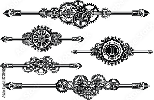 Steampunk gear dividers, vintage mechanical design, industrial vector elements, symmetrical cog borders, retro arrow embellishments, antique illustration style, decorative engineering artwork