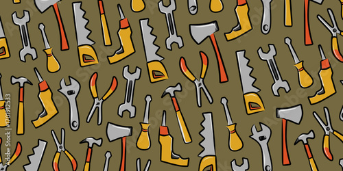 Pattern of hand tools set on dark background including hammer wrench screwdriver and pliers representing construction repair industry mechanic work and hardware equipment