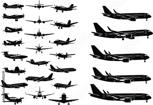 Vector set of different airplane silhouettes, various aircraft types, commercial and private planes, aviation collection, flying vehicles, travel and transportation icons