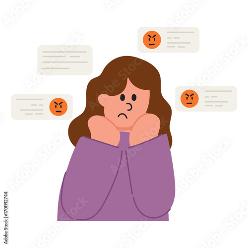 Vector cartoon illustration of a woman affected by cyberbullying. Online harassment and digital safety concept.