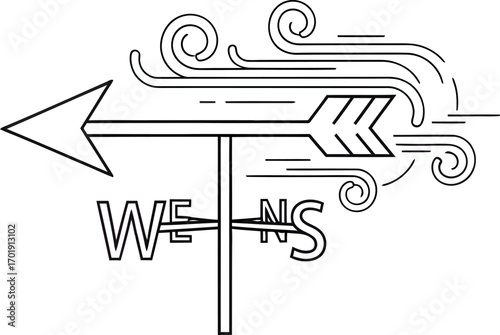 A black and white line art illustration of a weathervane with an arrow pointing west and stylized wind blowing.