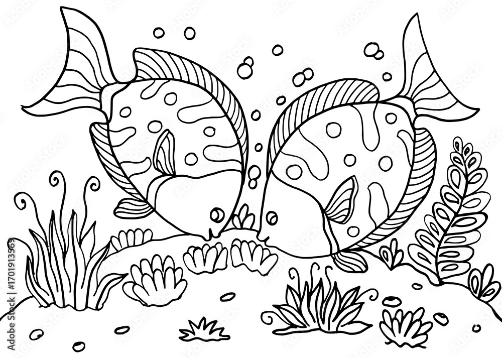 Obraz premium Kissing Fish in Coral Garden – Black and White Line Art for Coloring and Ocean Education