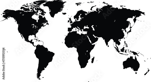 World map silhouette vector illustration, global continent outline, black earth map template, minimal geography design, printable modern flat vector world artwork