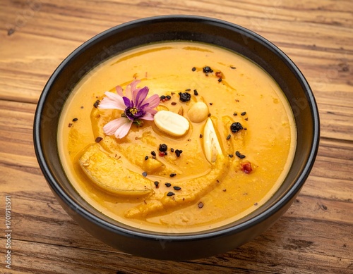 Fototapeta Naklejka Na Ścianę i Meble -  A beautifully garnished bowl of creamy orange soup, possibly a savory peanut bisque, decorated with an edible flower and nuts on a rustic wooden table