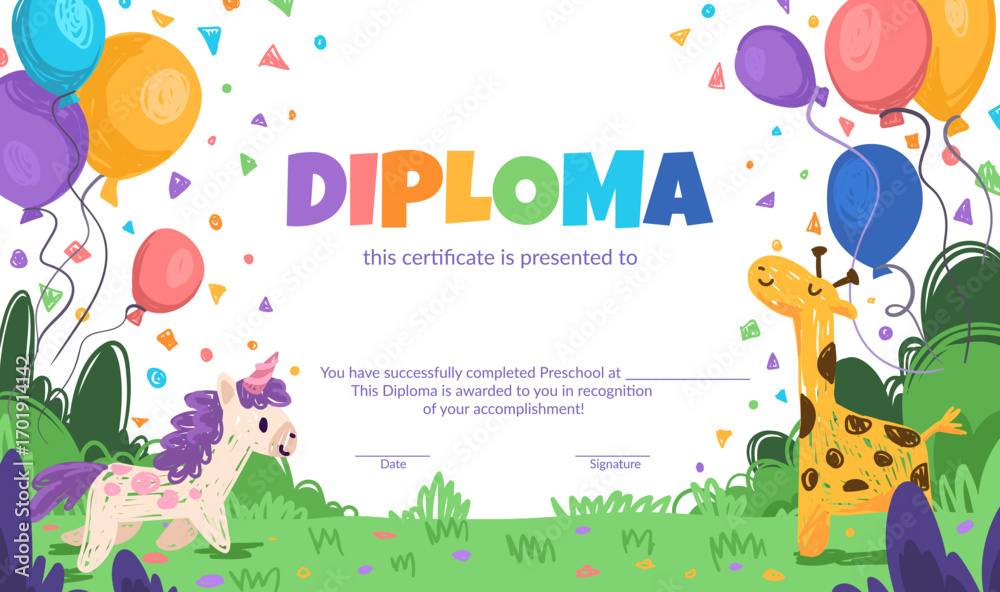 Fototapeta premium Colorful school and preschool diploma certificate for kids and children in kindergarten or primary grades with doodle elements, crayon scribbles, chalk on background. Vector cartoon flat illustration