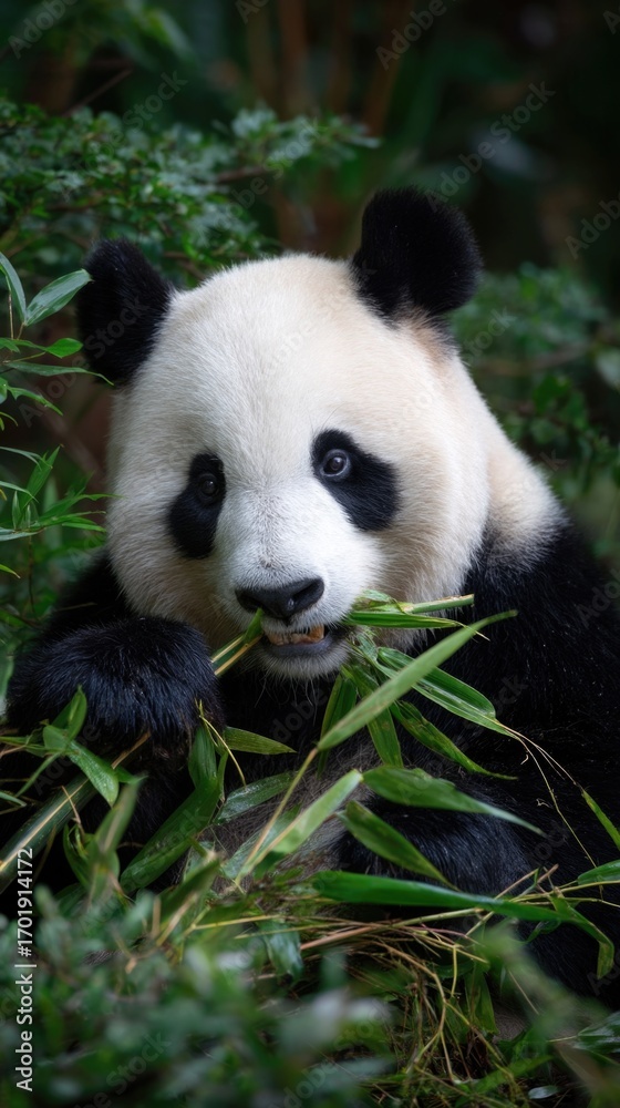 Fototapeta premium Panda enjoying bamboo in lush greenery