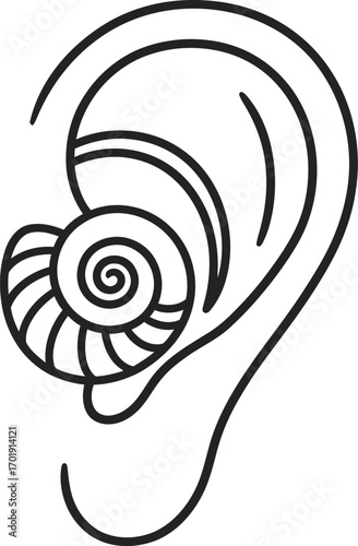 A minimalist line art illustration of a human ear with a spiral seashell representing the cochlea.