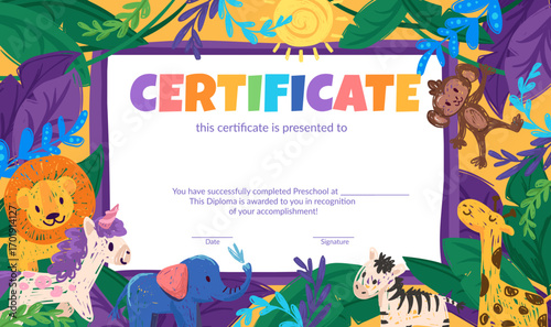 Colorful school and preschool diploma certificate for kids and children in kindergarten or primary grades with doodle elements, crayon scribbles, chalk on background. Vector cartoon flat illustration