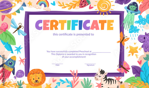 Colorful school and preschool diploma certificate for kids and children in kindergarten or primary grades with doodle elements, crayon scribbles, chalk on background. Vector cartoon flat illustration