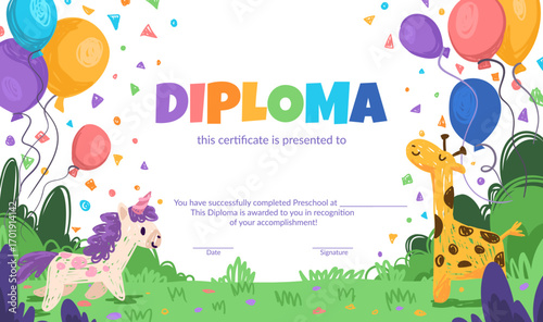 Colorful school and preschool diploma certificate for kids and children in kindergarten or primary grades with doodle elements, crayon scribbles, chalk on background. Vector cartoon flat illustration