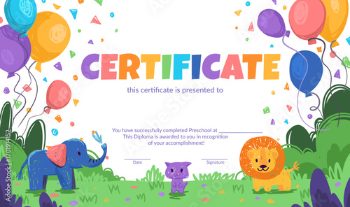 Colorful school and preschool diploma certificate for kids and children in kindergarten or primary grades with doodle elements, crayon scribbles, chalk on background. Vector cartoon flat illustration