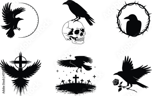crow, raven, silhouette, skull, graveyard, rose, thorn, flight, death, gothic, mourning, spiritual, bird, branch, symbol, circle, cross, vector, black, white