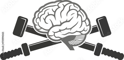 A powerful graphic illustration of a human brain with two large, crossed sledgehammers behind it.