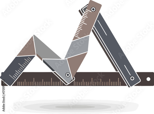 A stylized illustration of a classic folding carpenter's ruler arranged in a zigzag shape above a straight measuring stick.