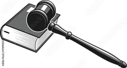 A judge's wooden gavel rests on top of a thick, closed law book in a black and white illustration.