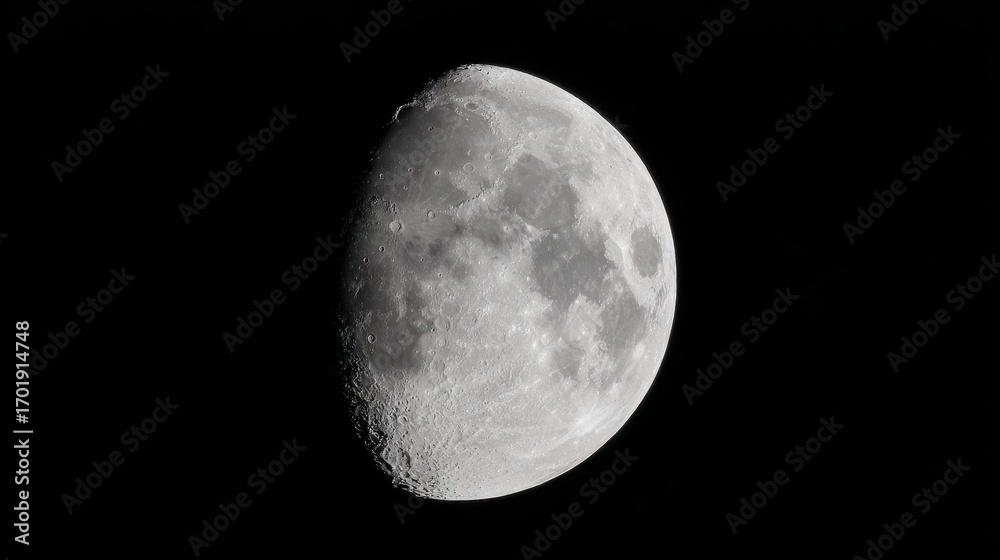 Obraz premium Close up view of a half moon against a black night sky, showing detailed surface craters and texture.