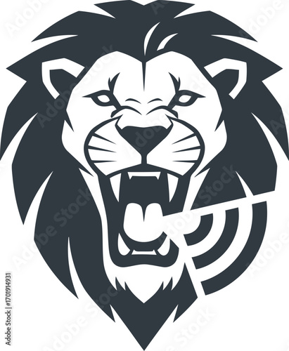 A powerful roaring lion head logo with its mighty roar visualized as a broadcast signal icon.