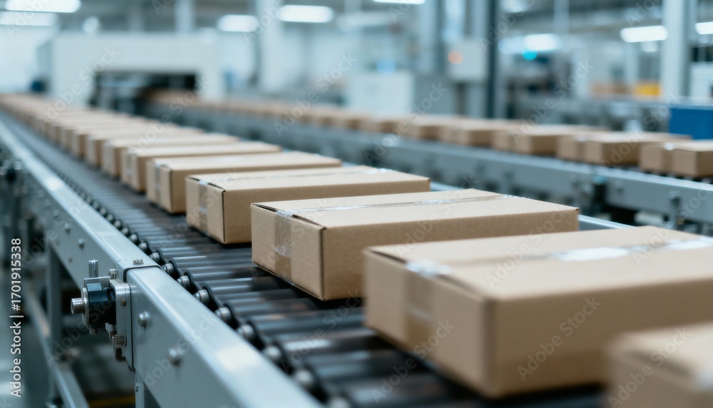 Fototapeta premium Cardboard Boxes on Automated Conveyor Belt in Distribution Warehouse, Depicting Logistics and Efficiency