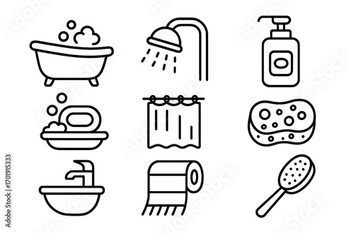 Simple bathroom line icon set. Hygiene, cleaning, washing concepts. Vector pictograms of bathtub, shower, soap, sponge, faucet, toilet paper. Editable stroke symbols.