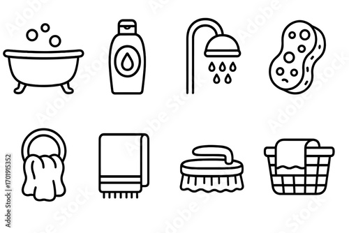 Bathroom line icon set. Vector symbols for hygiene, cleaning. Bathtub, shower, shampoo, sponge, towel, brush, laundry basket. Minimal pictogram pack for web design, app.