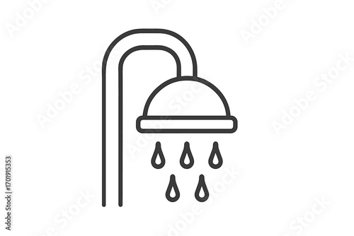 Shower line icon with water drops. Simple bathroom wash symbol. Vector illustration for hygiene, spa, and hotel pictogram. Minimalist outline design with editable stroke.