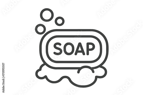 Soap bar line icon with bubbles. Vector illustration for hygiene, cleanliness, and washing hands. Symbol of sanitation, body care, and bathroom essentials. Line art graphic.