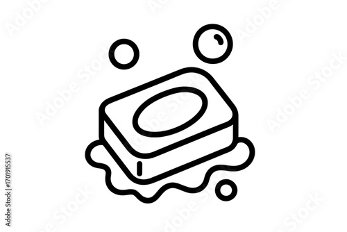 Soap bar line icon vector illustration. Hygiene, cleaning, washing concepts. Outline graphic with suds and bubbles for web design, apps, spa, cosmetics, bathroom, adverts.