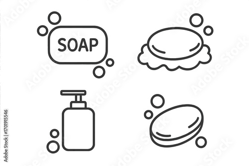 Soap icon set. Line art collection of hygiene symbols. Bar of soap, liquid dispenser, and bubbles. Simple linear vector illustration with editable stroke for web and apps.