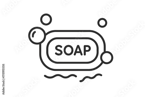 Soap bar line icon with bubbles and water foam. Vector illustration concept for hygiene, cleanliness, and washing. Health care and body care symbol for personal hygiene.