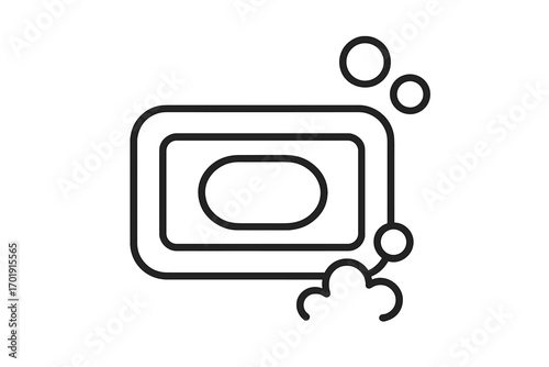 Soap bar line icon with bubbles. Vector graphic for hygiene and cleanliness. Simple outline symbol for washing hands, personal care, bathroom products, suds, and foam.