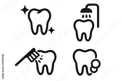 Dental care icon set. Oral hygiene and tooth problem concepts. Thin line vector symbols for brushing, rinsing, cleaning, healthy sparkling tooth, and toothache or cavity.