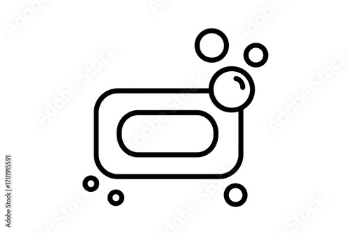 Soap bar with bubbles thin line icon. Vector illustration for hygiene, cleaning, and personal care. Simple outline graphic for web, apps, and print. Cleanliness symbol.