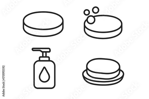 Soap line icon set. Bar of soap with bubbles, liquid soap dispenser, soap dish. Vector illustration for hygiene, cleaning, and skincare. Simple outline pictogram collection.