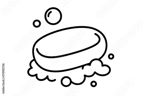 Soap bar line icon with foam and bubbles. Hygiene, cleaning, washing hands concept. Cleanliness, skincare, body care symbol. Sanitary, disinfection, bathroom pictogram vector.