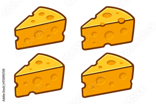 Set of cheese slice icons for graphic design. Vector cartoon illustration of swiss cheese wedges. Dairy food product symbol for apps and web. Isolated yellow snack logo.