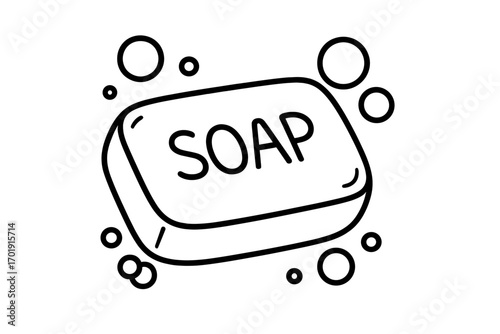 Soap bar with bubbles vector line art icon. Hand drawn doodle sketch illustration for hygiene, cleanliness, and washing hands. Bathroom cleaning and personal body care concept.