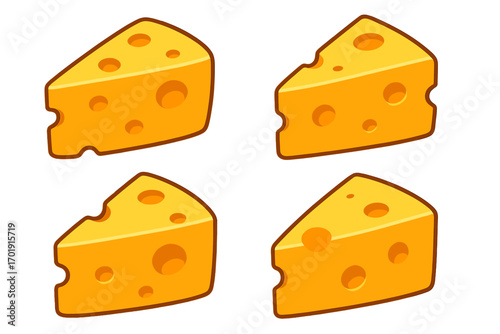 Cheese wedge vector icon set. Cartoon Swiss cheese illustration. Dairy food product symbol for graphic design, apps, logo. Isolated snack, appetizer or gourmet ingredient.