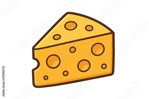 Vector cartoon icon of a cheese wedge. Swiss cheese slice illustration for food concepts, graphics, apps. Dairy product, gourmet snack, meal ingredient on transparent background.