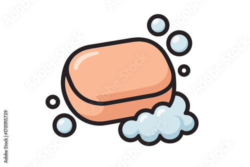 Soap bar with bubbles and foam lather. Hygiene and cleaning concept. Vector icon for health personal care. Cleanliness sanitation symbol. Simple cartoon graphic illustration.
