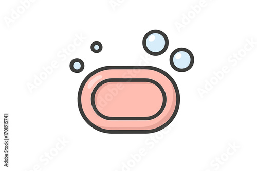 Soap bar icon with bubbles. Vector cartoon illustration for hygiene and cleaning concept. Body care, washing hands, bathroom, and skincare symbol. Fresh and sanitary graphic.