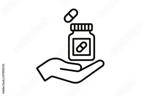 Hand holding pill bottle icon. Medicine, pharmacy and healthcare concept. Taking medication, vitamin, or supplement. Prescription drug treatment. Medical care symbol vector.