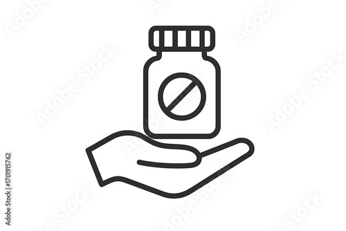 Hand holding a pill bottle with a stop sign. Drug prohibition concept. Medicine refusal icon. Vector outline illustration for addiction, substance abuse, and healthcare topics.