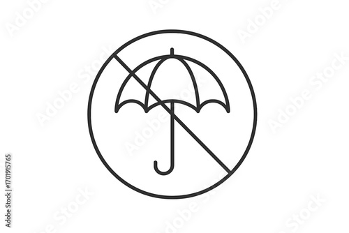 No umbrella sign. Umbrellas not allowed icon. Forbidden symbol with parasol. Weather safety concept. Warning, rain protection prohibited. Minimalistic thin line vector for web.