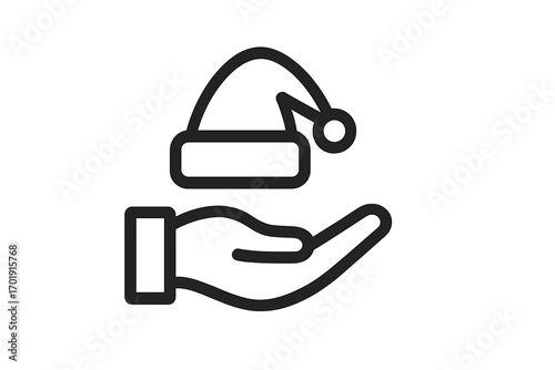 Hand holding Santa hat outline icon. Christmas charity and donation concept. Holiday giving and support symbol. Xmas volunteer work. Winter season celebration vector logo.