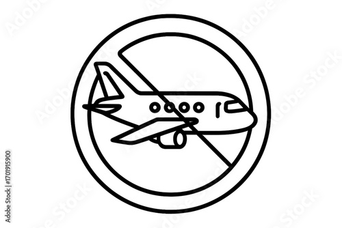 No flights warning sign. Airplane prohibited symbol. Travel ban or flight cancellation concept icon. Outline vector illustration for web, apps, and graphic design.