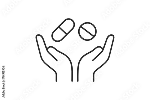 Hands holding pills icon. Medical concept with capsule and tablet. Pharmacy, healthcare, and treatment symbol. Minimalistic thin line vector illustration for web design.