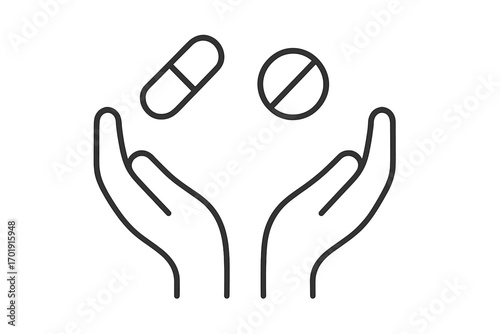 Hands with medicine pills thin line icon. Metaphor for medical treatment, pharmacy, healthcare, and wellness. Concept of drug addiction, stopping medication, or choosing vitamins.