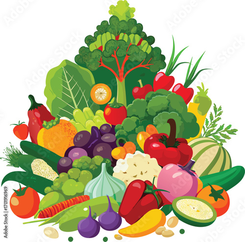 Colorful assortment of fresh vegetables and fruits arranged in a pile healthy eating organic